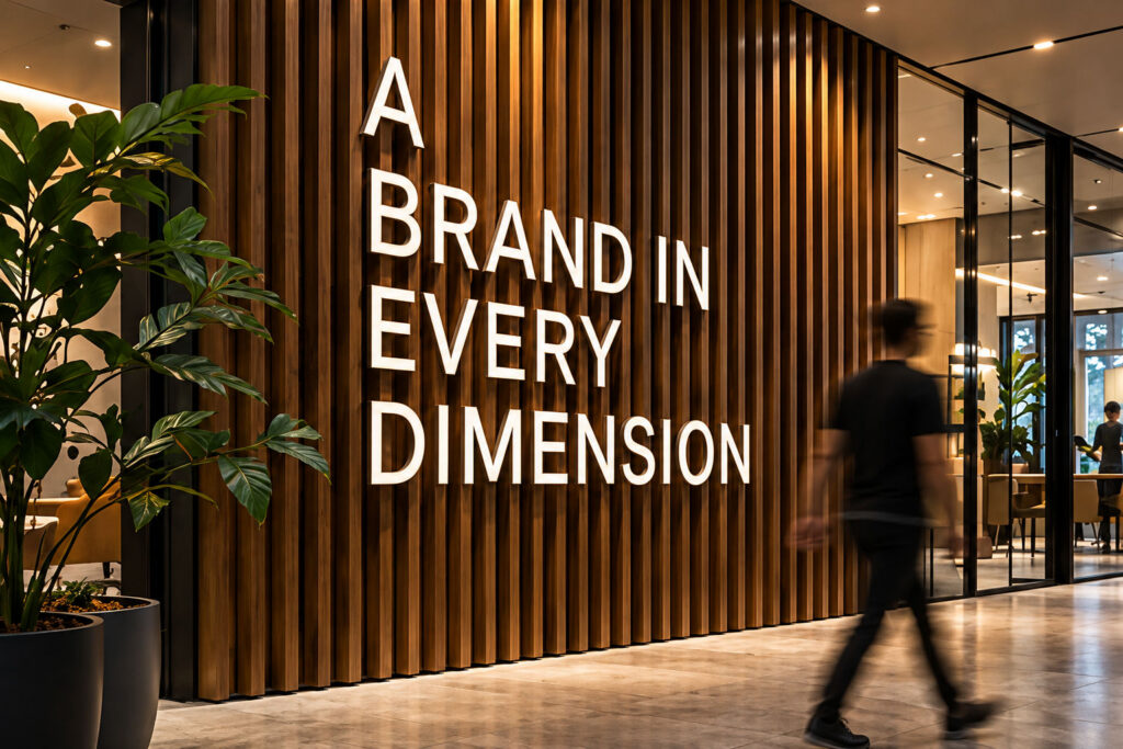 Dimensional Winsway lettering mounted across curved vertical timber fins